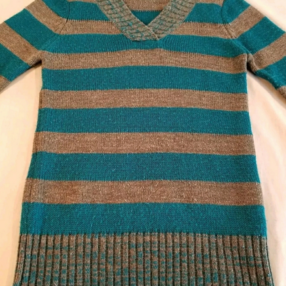 Girl's Lg. Teal & Grey Striped Knit Sweater VGUC